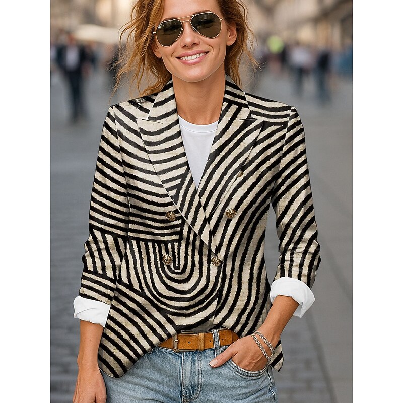 Women's Blazer Comfortable Breathable Pocket Buttons Print Fashion Casual Geometric Office Street Casual Daily Wear Double Breasted Regular Notch Lapel Regular Fit Long Sleeve Outerwear Blue Purple