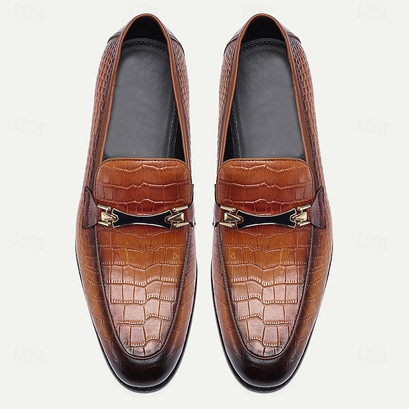 Men's Brown Genuine Leather Crocodile Pattern Loafers – Luxury Horsebit Slip-On Dress Shoes for Business, Weddings and Formal Events4