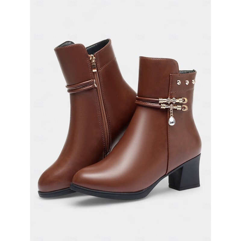 Women's Brown Warm Faux Fur Lined Ankle Boots with Heel, Stylish and Comfortable for Winter and Casual Wear.4