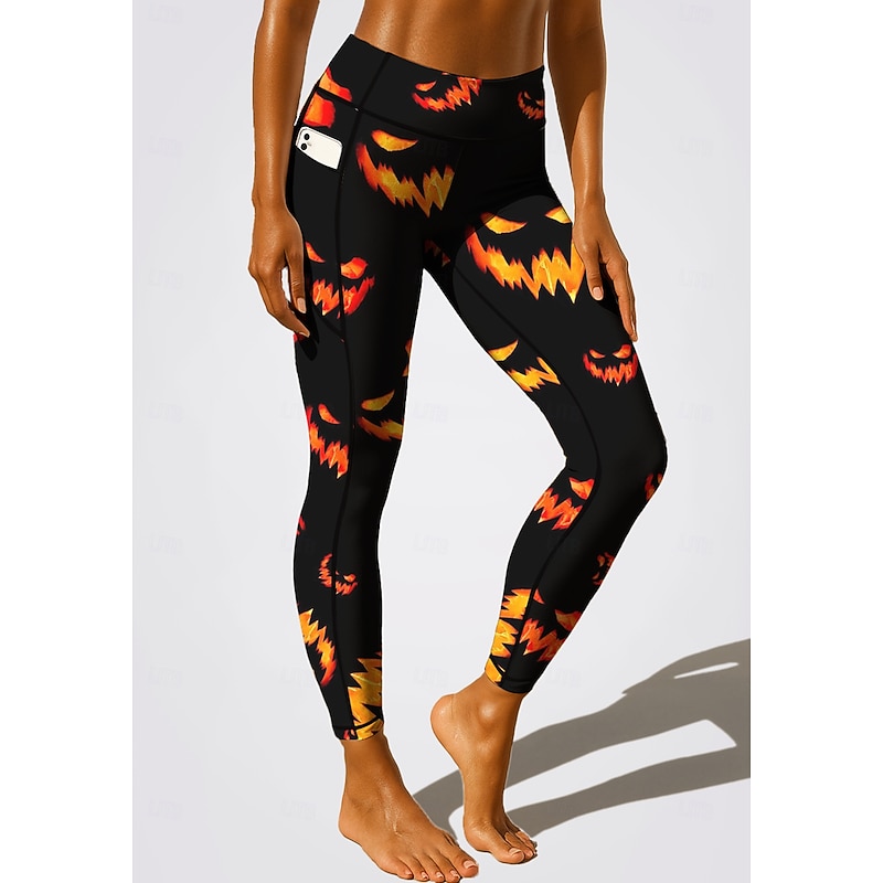 Women's Unisex pilates leggings fitness pants Gym Leggings Pockets Stamp Duty Side Pockets Pilates Gym Gym Workout Pants Tights Leggings Halloween Black / Orange Sports Activewear High Elasticity2