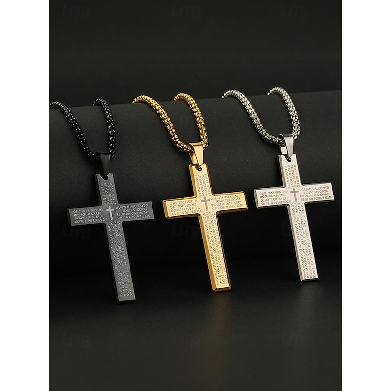 Men's Titanium Steel Cross Pendant Necklace with Lord's Prayer Engraving, Religious Jewelry Chain for Christian Faith, Daily Wear and Gifts