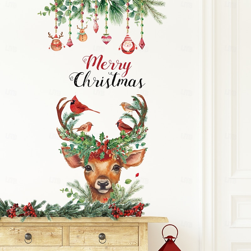 Christmas Sticker Wall Decals Creative Painted Reindeer Colorful Ball Removable Vinyl Mural Holiday Party Shop Glass Window Display Background Decoration For Christmas Festival Home Atmosphere4