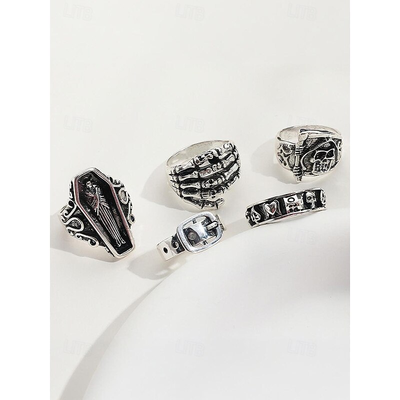 Women's Halloween Gothic Alloy Ring Set, Vintage Punk Style Skull Coffin Skeleton Adjustable Rings Jewelry for Costume Parties and Cosplay2