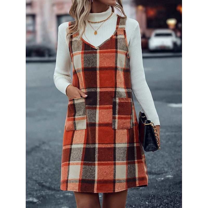 Women's Mini Dress Sheath Dress Backless Dress Casual Boho Daily Date Going out Regular Fit Graphic Plaid Sleeveless V Neck Pink Red Apricot Spring Fall Winter Autumn