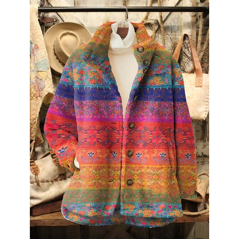 Women's Fleece Jacket Casual Jacket Comfortable Breathable Pocket Print Casual Floral Vacation Street Casual Daily Wear Zipper Regular Turndown Regular Fit Long Sleeve Outerwear Red Blue Fuchsia
