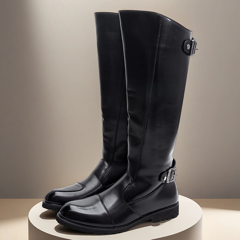 Men's Black Tall Riding Boots – Genuine Faux Leather Knee-High Equestrian Boots with Side Buckle for Horse Riding, Costume and Formal Events