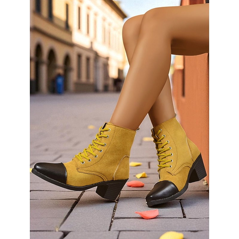 Women's Yellow Lace-Up Ankle Boots with Black Toe Cap – Vintage Retro Style Short Boots for Casual Outfits, Streetwear and Fall Fashion3