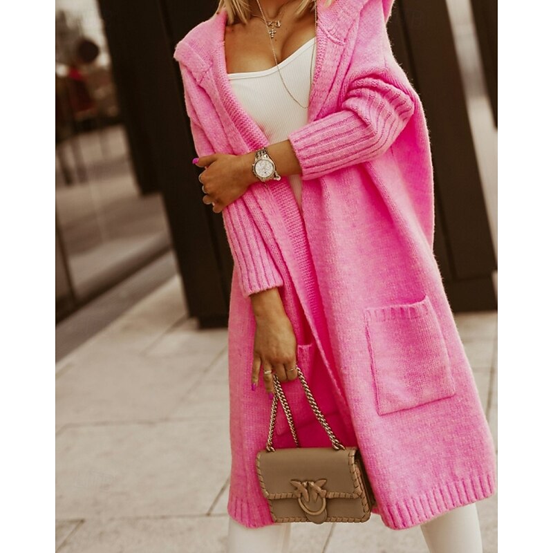 Women's Sweater Cardigan Streetwear Casual Solid Color Cable Hooded Pocket Knitted Long Sleeve Long Tops Knit Daily Going out Weekend White Pink Fall Winter