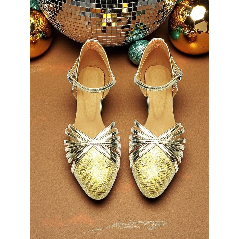 Women's Gold Glitter Dance Shoes with Low Heel - Professional Ballroom Latin Shoes for Performance and Party Wear4