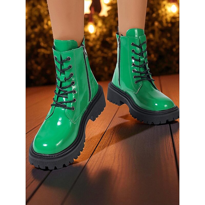 Women's Green Patent Leather Combat Boots - Lace-Up Platform Ankle Boots with Chunky Sole for Nightlife Party and Clubwear2
