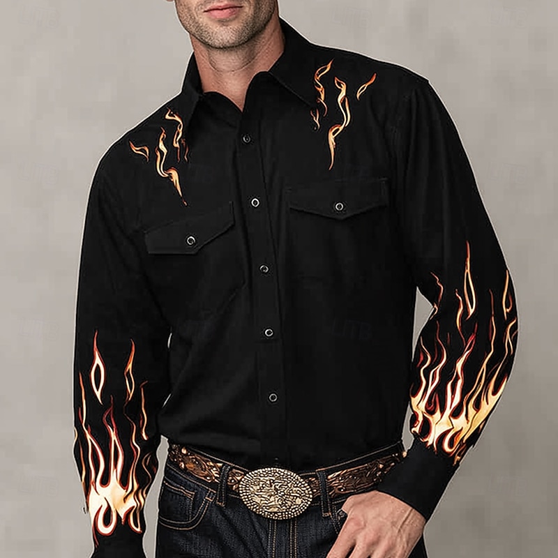 Men's Flame Shirt Western Shirt Cowboy Shirt Long Sleeve Vintage Retro Outdoor Casual WorkWear Spring Fall Turndown Front Two Pockets Linen Like Shirt Button Up Shirts Black 1 Black