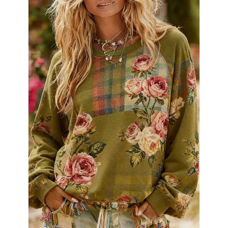 Women's Pullover Sweatshirts Floral Fashion Streetwear Classic Long Sleeve Crew Neck Round Neck Regular Tops Dailywear Casual Print Pink Green Spring Fall
