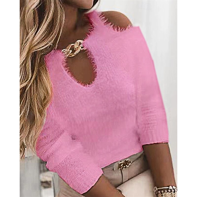 Women's Sweater Fashion Casual Soft Pure Color Ribbed Crew Neck Off Shoulder Knitted Cold Shoulder Long Sleeve Regular Tops Knit Outdoor Daily Weekend Pink Fall Winter
