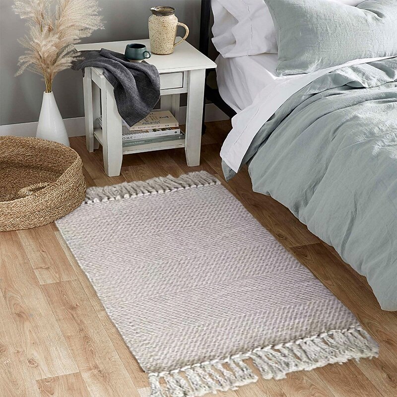 Tassel Rug For Home Hand Woven Cotton Blend Floor Mat Durable Stain Resistant Solid Color Sofa Window Seat Cushion Soft Washable Decorative Area Carpet2