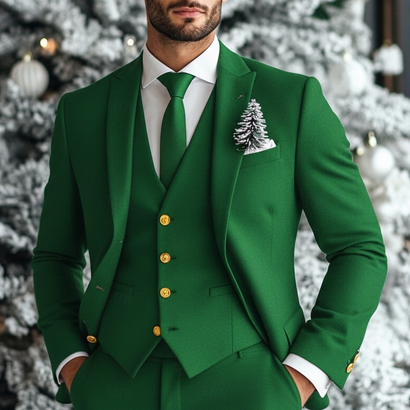 Men's Christmas Casual Party Suits Notch Lapel Yellow Red Formal Solid Colored Plus Size 3 Piece Single Breasted One-button