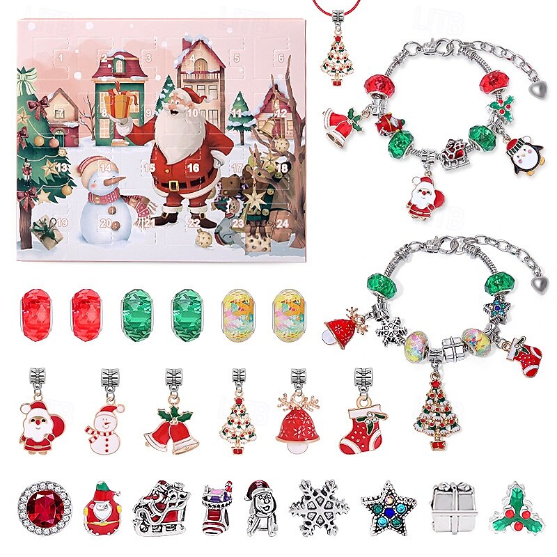 Christmas Advent Calendar Bracelets 2025 for Girls 24 Days Xmas Countdown Calendar DIY Jewelry Making Kit Gift 21 Charm Beads 2 Bracelets 1 Necklace for Kids Teens Women