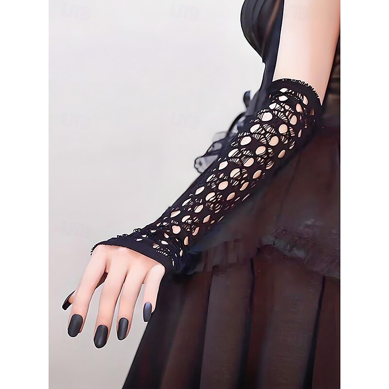 Women's Halloween Gothic Lace Gloves – Black Fishnet Fingerless Arm Warmers for Party, Cosplay and Costume Outfits3