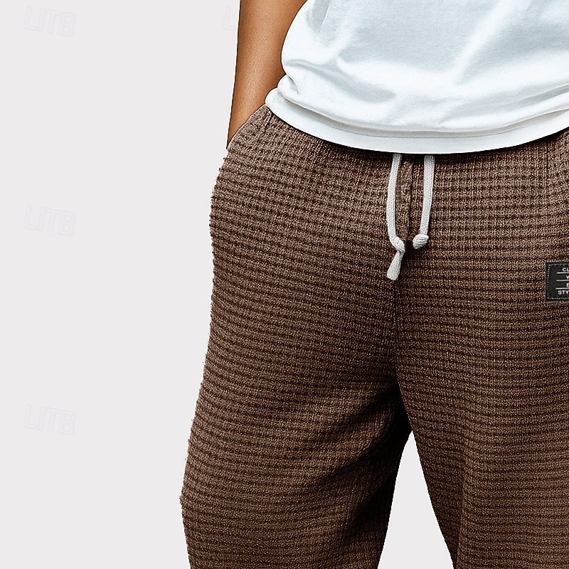 Men's Waffle Sweatpants Trousers Baggy Pants Casual Pants Drawstring Straight Leg Solid Color Comfort Full Length Outdoor Casual Daily Fashion Retro Vintage Black White Stretchy2