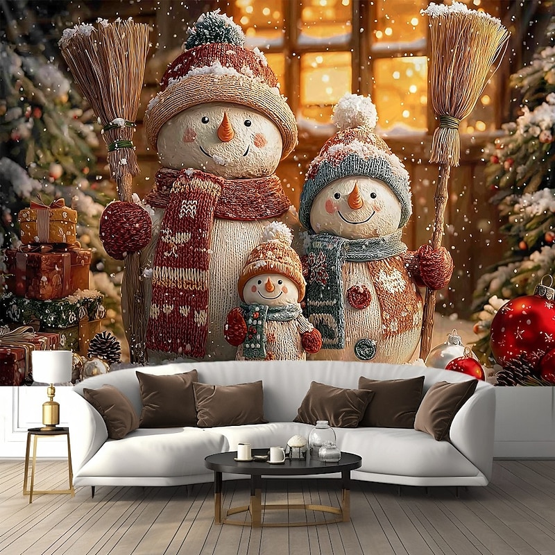 Christmas Wall Tapestry Backdrop, Group of Cute Snowmen with Christmas Tree and Gifts, 2025 Xmas Winter Wonderland Holiday Wall Hanging for Home Party