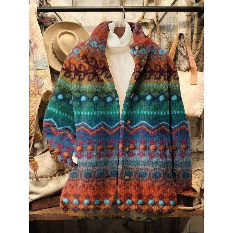 Women's Fleece Jacket Casual Jacket Comfortable Breathable Pocket Print Casual Floral Vacation Street Casual Daily Wear Zipper Regular Turndown Regular Fit Long Sleeve Outerwear Red Blue Fuchsia2