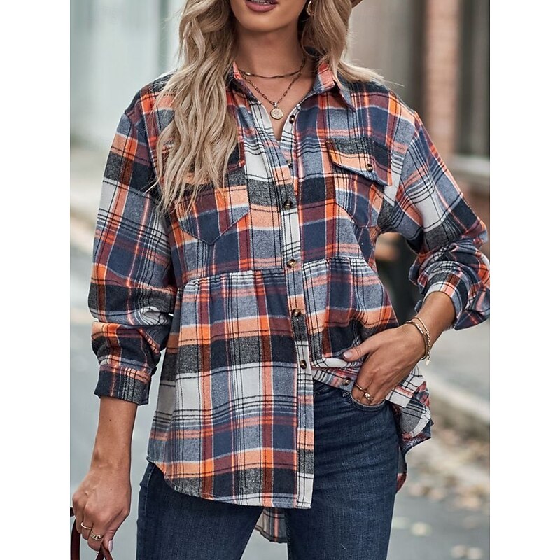 Women's Casual Jacket Shacket Comfortable Breathable Pocket Buttons Print Casual Plaid Vacation Street Casual Daily Wear Single Breasted Regular Turndown Regular Fit Long Sleeve Outerwear Yellow Pink2