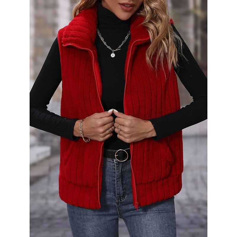 Women's Fleece Vest Comfortable Breathable Zipper Buttons Casual Plain Vacation Street Casual Daily Wear Zipper Regular Stand Collar Regular Fit Sleeveless Outerwear Black Red Apricot Spring Fall2