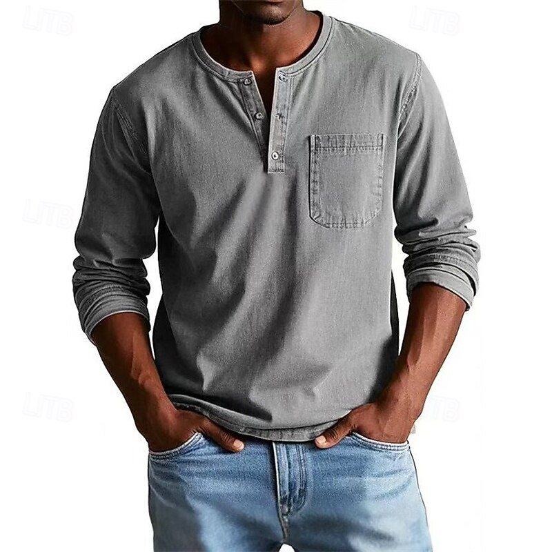 Men's T Shirt Henley Shirt Tee Tee Top Long Sleeve Henley Spring Fall Plain Fashion Designer Basic Pockets Vacation Street Going out Black Red Navy Blue Top Tee for Men2