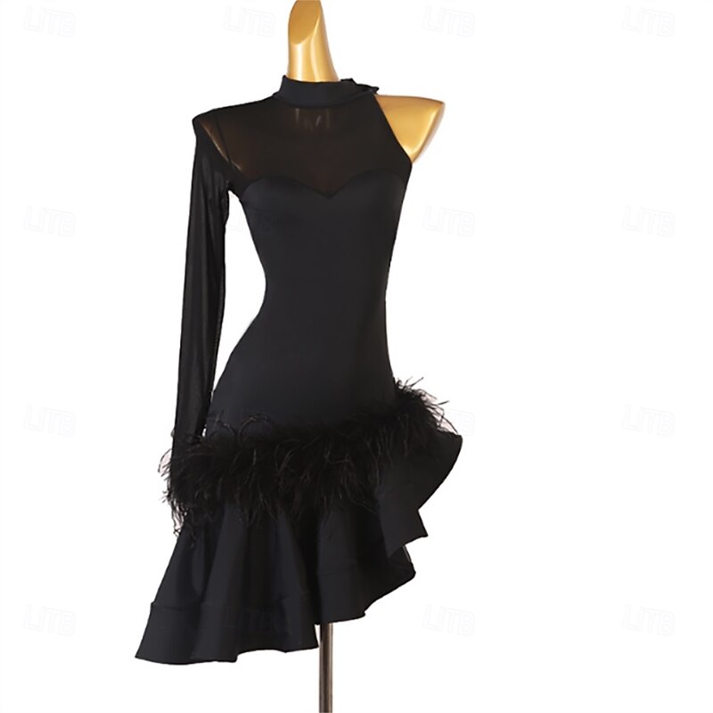 Women's Black Slant Shoulder Feather Rumba Latin Dance Practice Dresses Performance Dresses
