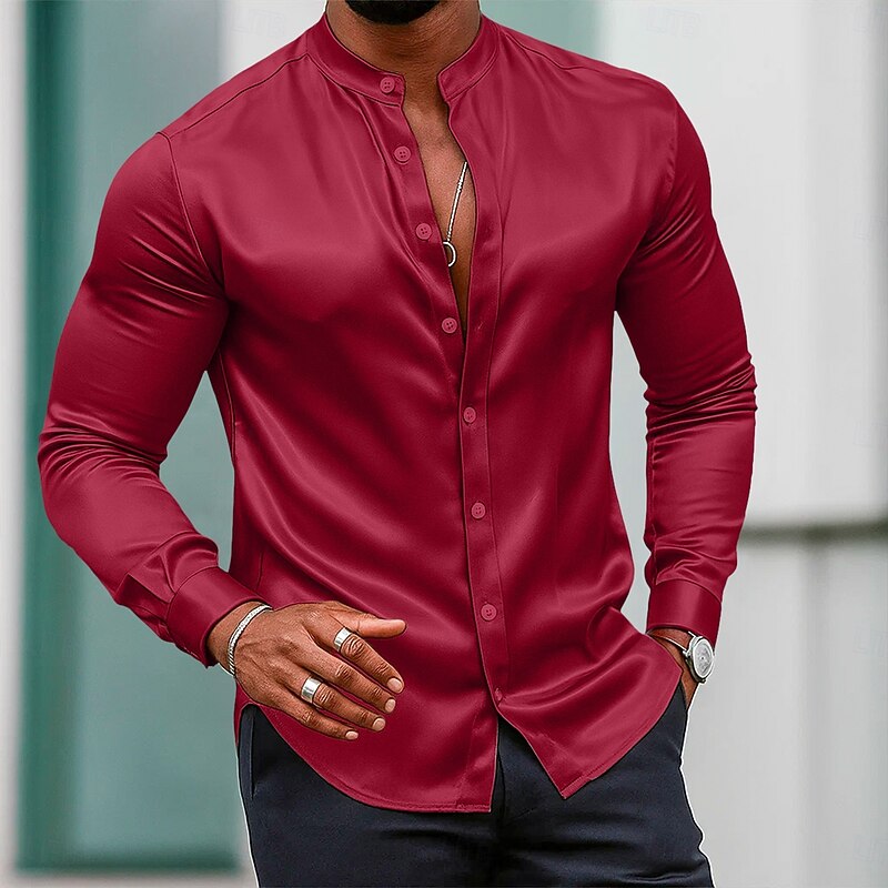 Men's Shirt Satin Shirt Dress Shirt Casual Shirt Button Up Shirt Prom Shirt Plain Formal Wedding White Wine Royal Blue Gold Long Sleeve Mandarin Collar All Seasons Clothing Apparel3