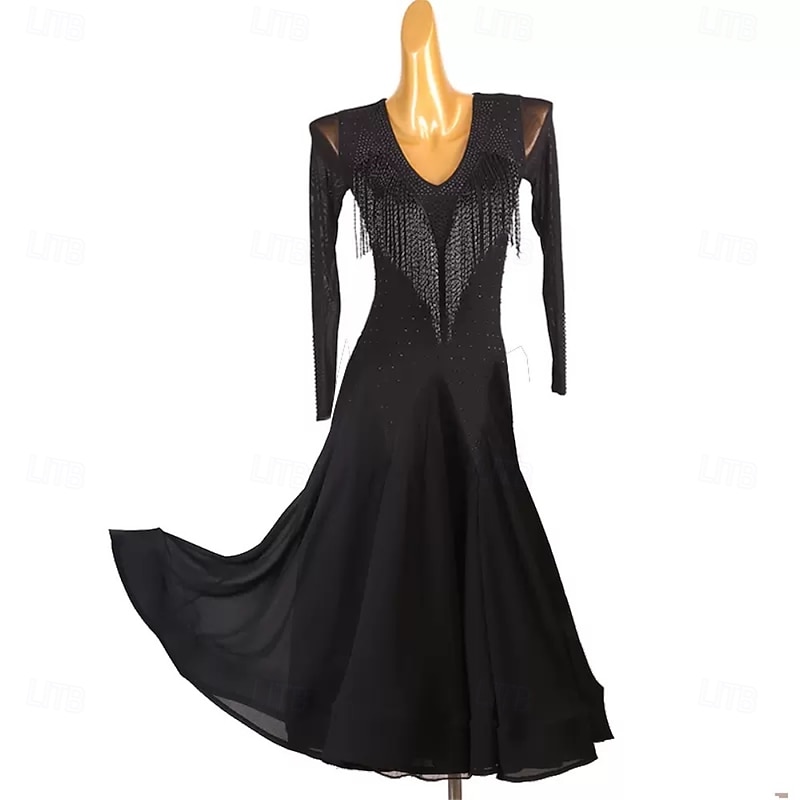Women's Black Ballroom Dance Dress with Rhinestone Fringe Detail, Long Sleeves, and V-Neck – Ideal for Latin, Tango, and Performance Wear