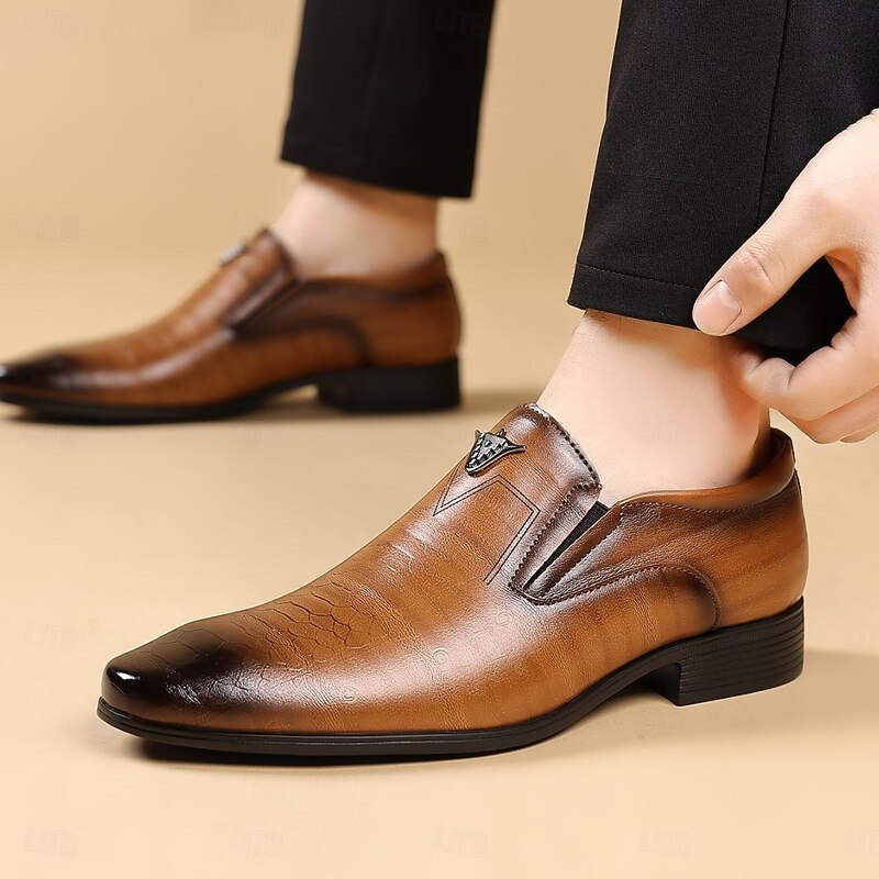 Men's Brown Faux Leather Slip-On Loafers – Crocodile Pattern Business Dress Shoes for Formal Occasions and Evening Parties3