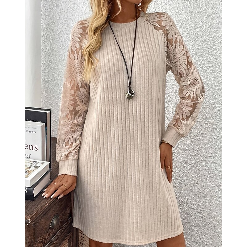 Women's Mini Dress Casual Dress Modern Outdoor Vacation Daily Regular Fit Plain Long Sleeve Crew Neck Apricot Spring Fall2