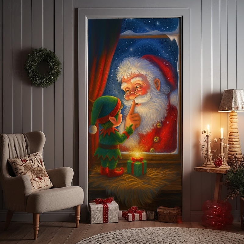 Christmas Door Cover, Santa Claus Carrying Gifts Illustration Door Curtain Backdrop for 2025 Xmas Home, Party and Outdoor Holiday Decorations - Main Image