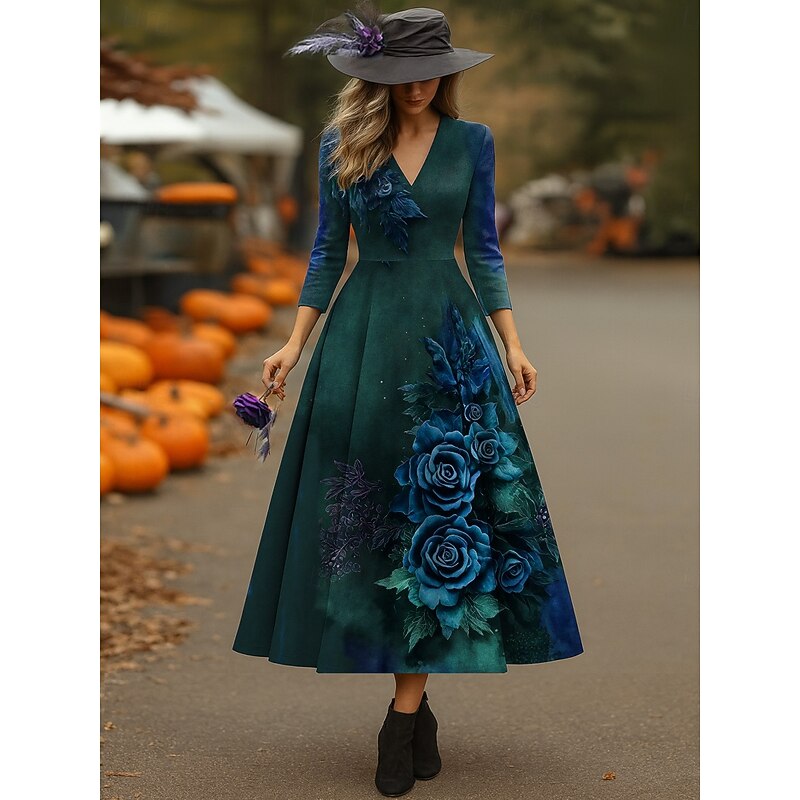 Halloween Women's Midi Dress Sundress A Line Dress Halter Dress Vacation Casual Wedding Party Birthday Regular Fit Floral Graphic 3/4 Length Sleeve V Neck Burgundy Purple Green Spring Fall3