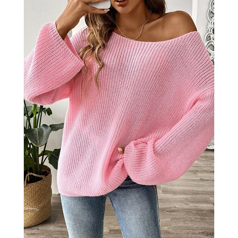 Women's Sweater Pullover Streetwear Casual Solid Color Crew Neck Knitted Flared sleeves Long Sleeve Regular Tops Knit Daily Holiday Going out Black White Fall Winter3