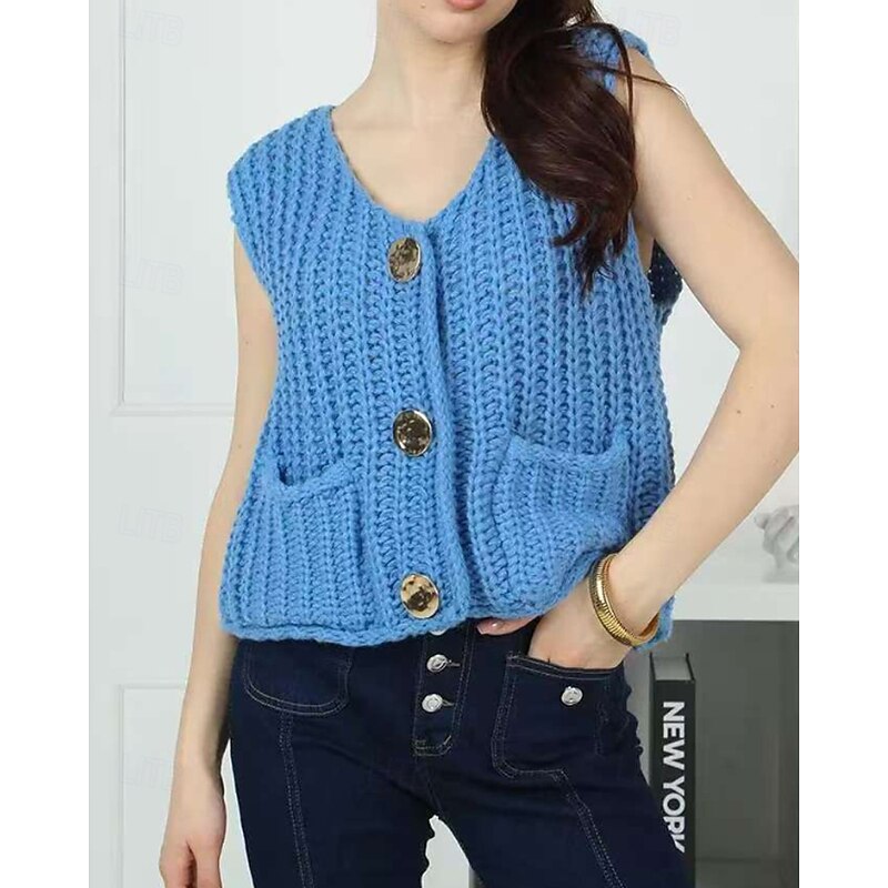 Women's Sweater Sweater Vest Cardigan Streetwear Casual Solid Color V Neck Buttons Knitted Sleeveless Regular Tops Knit Daily Holiday Going out Yellow Pink Fall Winter