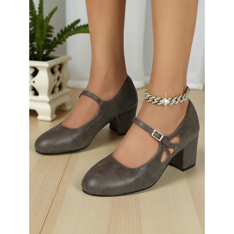 Women's Gray Faux Leather Mary Jane Pumps – 1950s Retro Block Heel Dress Shoes with Cutout Strap Design for Office, Daily Wear and Vintage-Inspired Outfits2