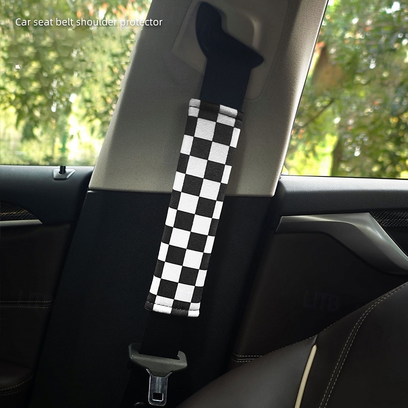 2pcs Universal Car Seatbelt Shoulder Pads Black and White Checkered Textile Safety Strap Covers for Driver and Passenger Auto Interior Accessories