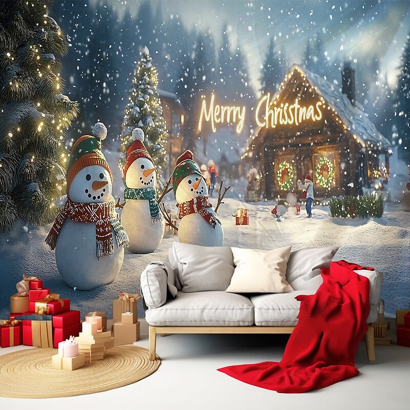 Chrismas Hanging Tapestry Neon Lights Christmas Tree Christmas House Santa Claus Fireworks Large Wall Art Mural Decor Blanket Curtain Holiday Home Bedroom Living Room Festive Party Decoration4