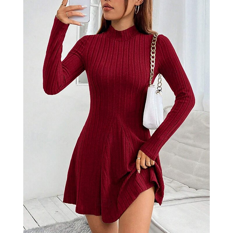 Women's Mini Dress Casual Dress Cocktail Dress Fashion Modern Daily Date Weekend Regular Fit Plain Long Sleeve Stand Collar Wine Spring Fall3