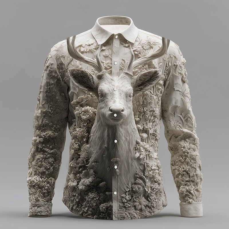Men's Reindeer Floral Print Flowers Shirt Button Up Shirt Long Sleeve Vintage Retro Outdoor Camping & Hiking Hunting Spring Fall Turndown 3D Print Collared Shirts White 1 White2