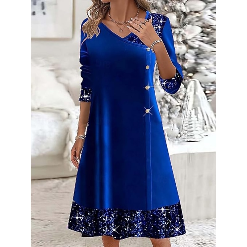 Christmas Women's Midi Dress A Line Dress Casual Daily Holiday Regular Fit Plain Long Sleeve V Neck Wine Royal Blue Green Fall Winter