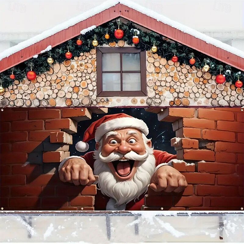 Christmas Tapestry Garage Door Cover Large Hanging Backdrop Santa Claus Cute 3D Party Outdoor Holiday Shooting Backgrounds Yard Home Decor4