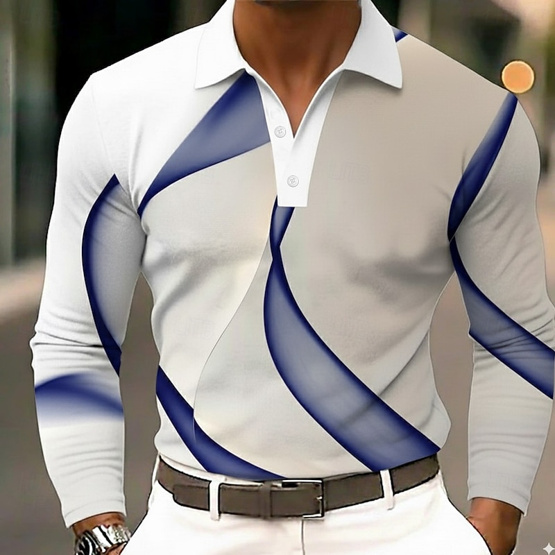 Men's Abstract Geometic Polo Long Sleeve Polo Shirts Lapel Business Casual Outdoor Street Athleisure Daily Wear 3D Print Buttons Spring Fall Winter Blue Gold Green2