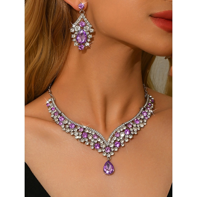 Women's Purple Rhinestone Necklace and Earring Set - Sparkly Vintage Jewelry for Gatsby Themed Parties, Ballroom Dance and Formal Evening Events