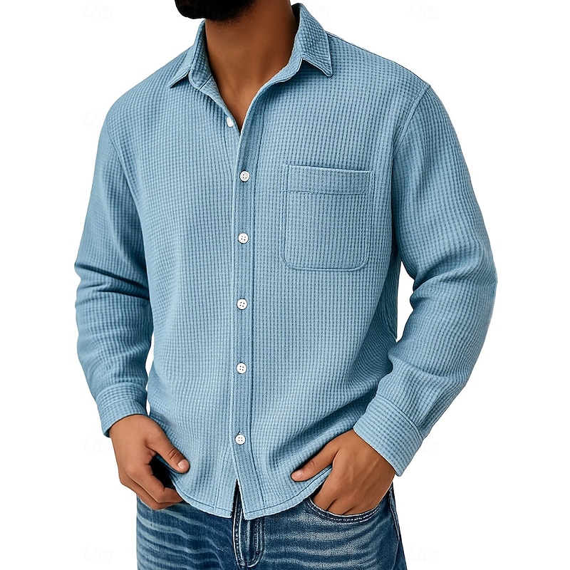 Men's Waffle Shirt Casual Shirt Button Up Shirt Waffle Knit Shirt Black White Wine Navy Blue Blue Long Sleeve Plain Turndown Casual Daily Pocket Clothing Apparel Knitwear Fashion Streetwear Modern3