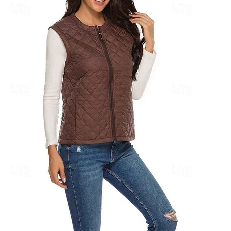 Women's Puffer Jacket Puffer Vest Quilted Jacket Waterproof Comfortable Zipper Pocket Casual Plain Vacation Street Casual Daily Wear Zipper Regular Collarless Regular Fit Sleeveless Outerwear Black4