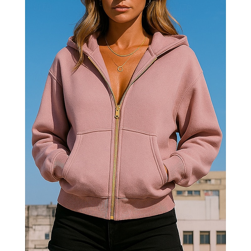 Women's Hoodie Jacket Zip Up Sweatshirt with Pockets Long Sleeve Top Athleisure Fall Solid Colored Hiking Outdoor Travel Sportswear Activewear Black White Pink