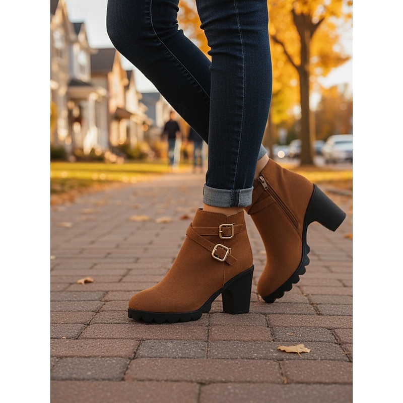 Women's Suede Ankle Boots with Double Buckle Straps and Block Heels, Casual Footwear for Everyday Outfits