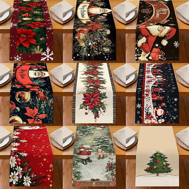 Christmas Linen Table Runner, Holiday Cartoon Santa & Snowflake Print Tablecloth, Dining Table Decor, Living Room & Countertop Festive Decoration